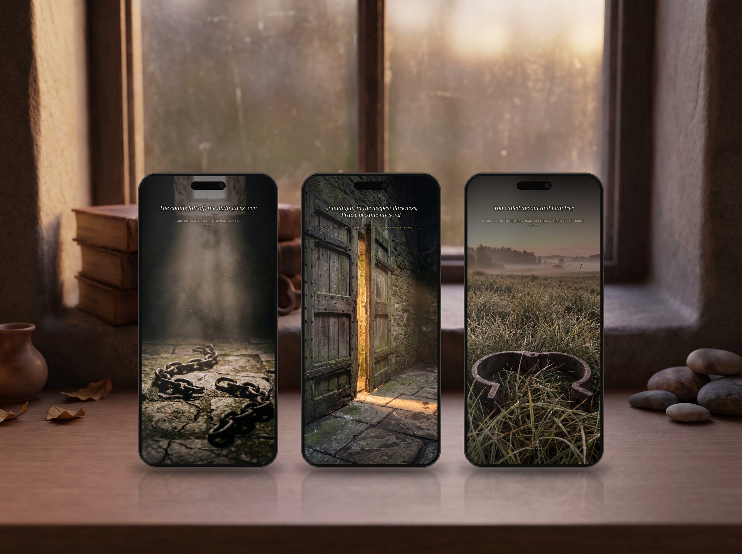 All three phone wallpapers from this set shown on three phones