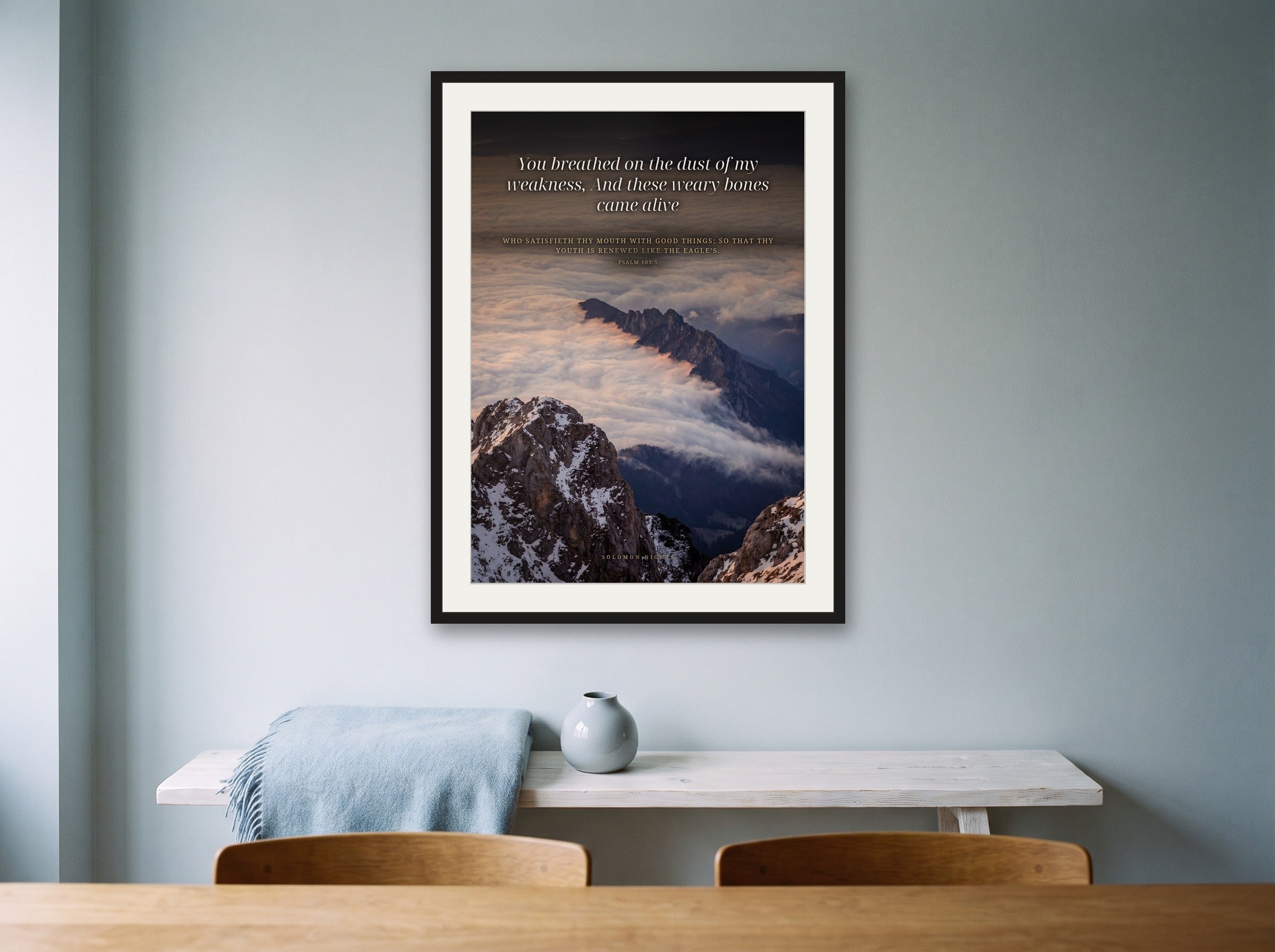 Renewed Like the Eagle print framed on a wall